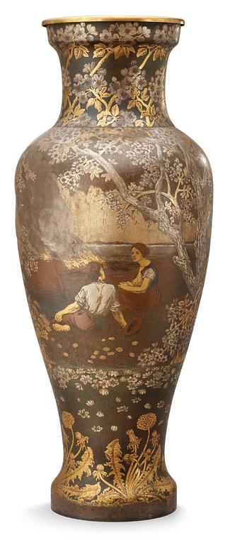 A Hjalmar Norrström etched and engraved patinated gilt copper vase, Stockholm 1904.