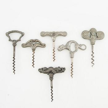 Corkscrews 6 pcs Art Nouveau early 1900s pewter.