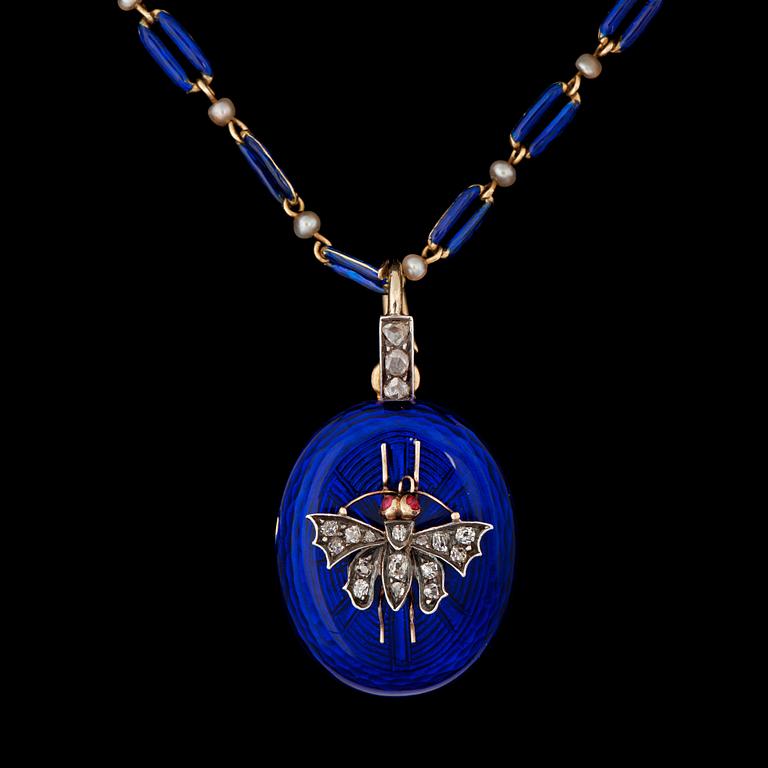 A enamel pendant and necklace set with rose cut diamonds and rubies.