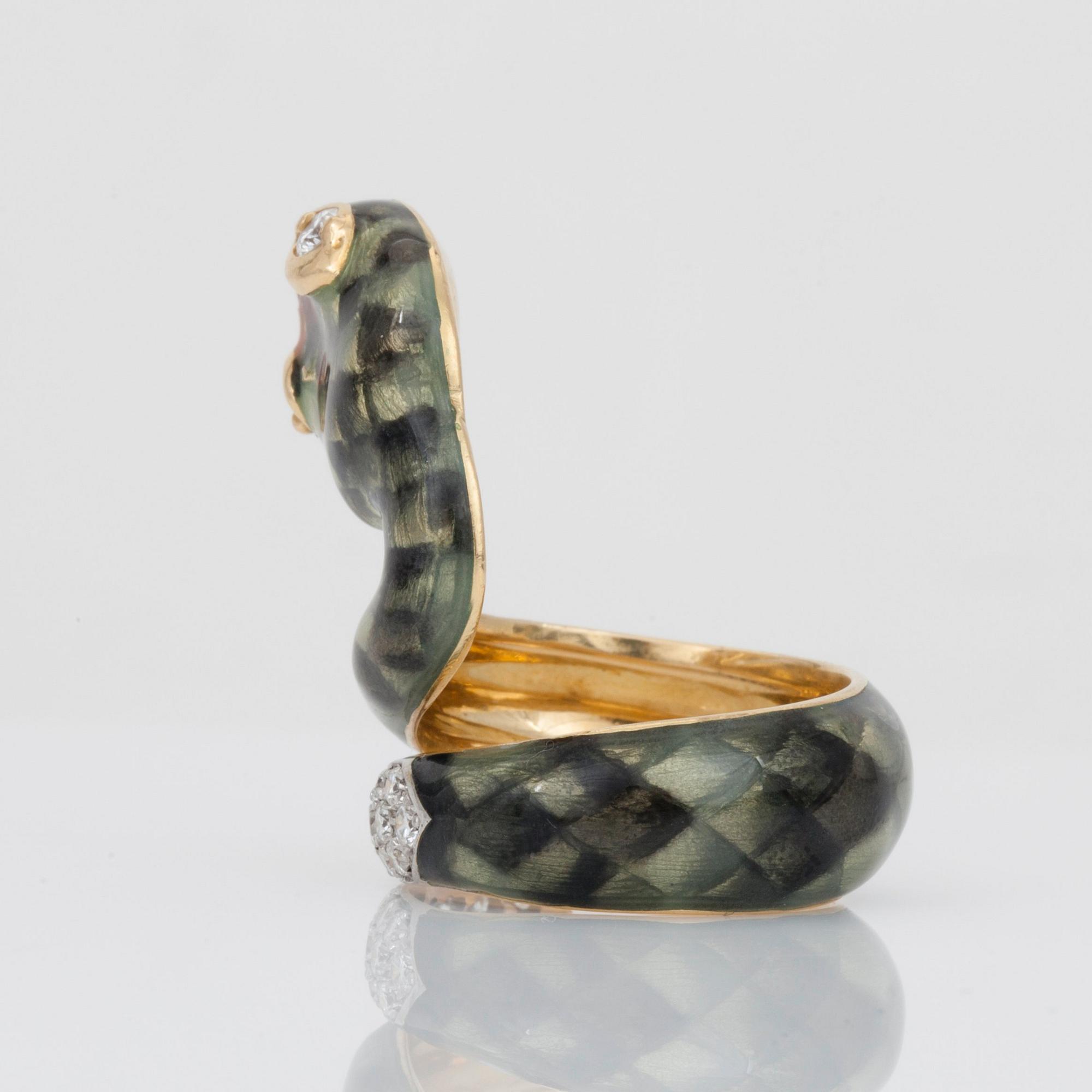 An enamel and brilliant-cut diamond snake ring.