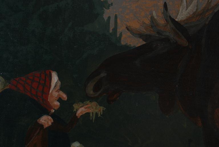 LOUIS MOE, blandteknik på duk, sign. Illustration ur "Elsdyr og den gamle Hulter".