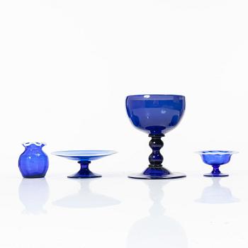 Four blue glass objects, Norway/ gothenburg's glasworks, early 19th century.
