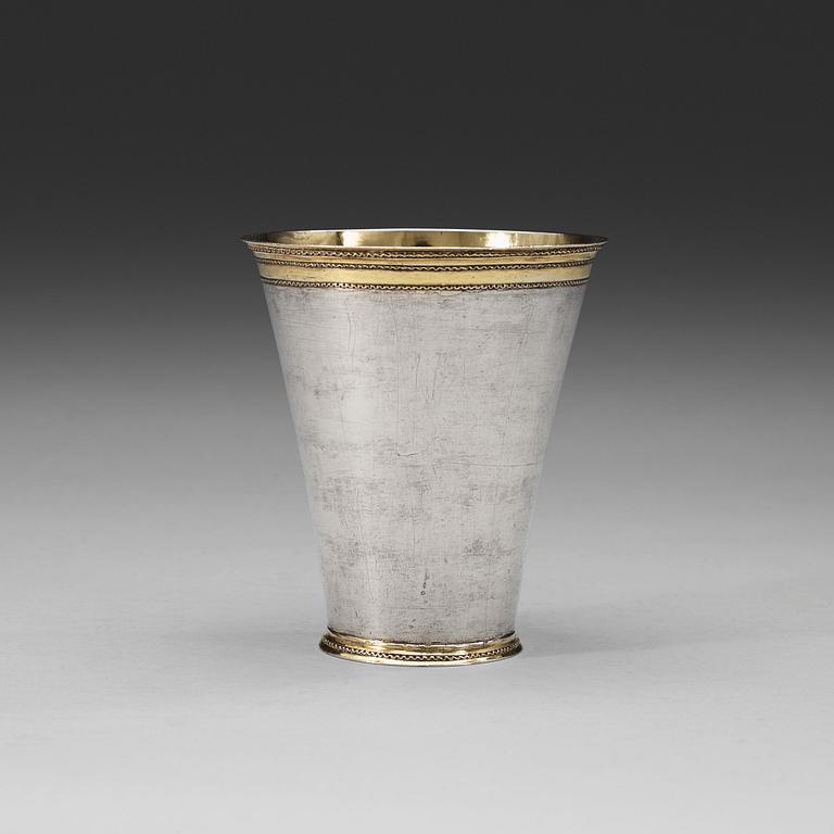 A Swedish early 18th century parcel-gilt beaker, marks of Sven Wallman, Göteborg 1707.