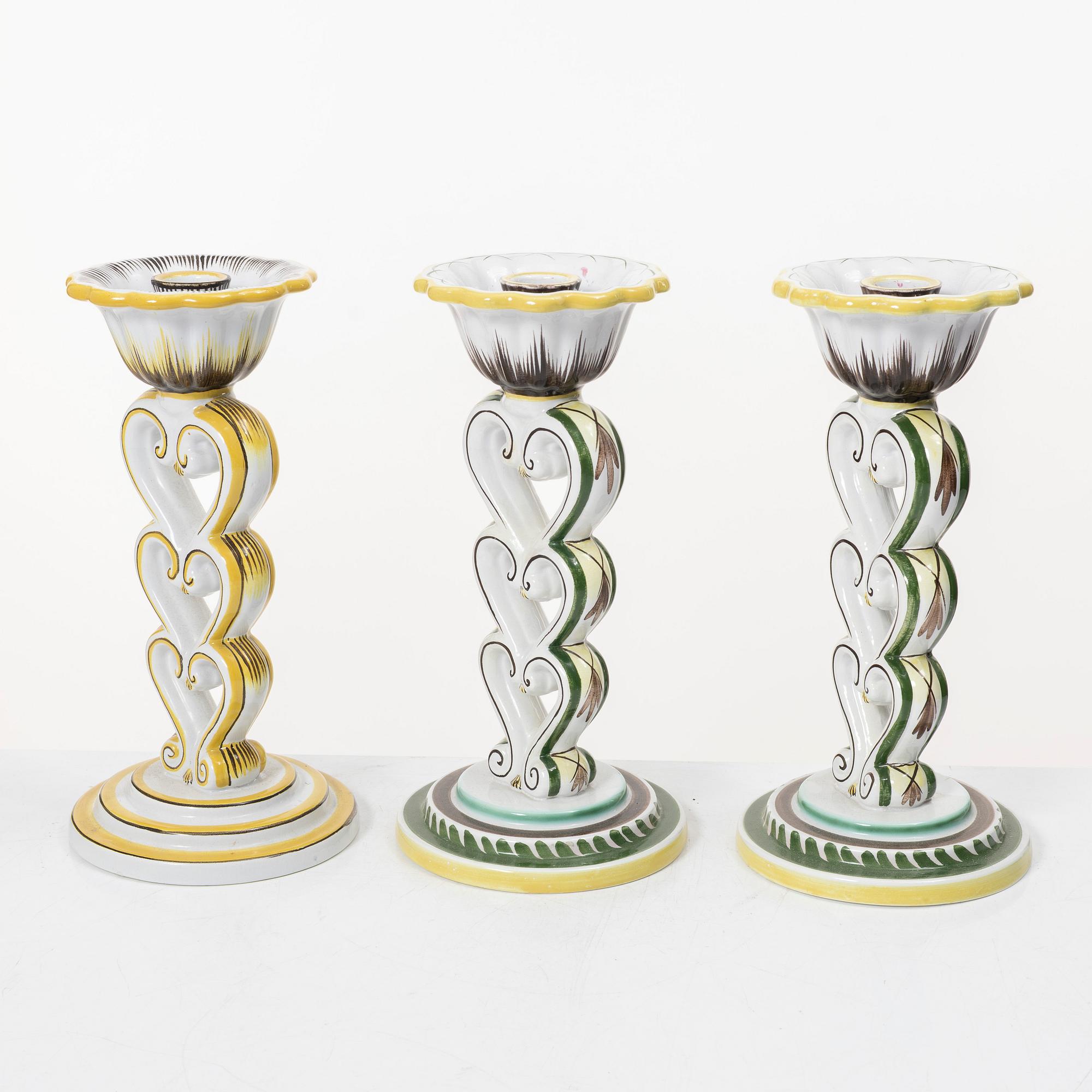 Arthur Percy, three 'Tre hjärtan' candlesticks, Gefle.