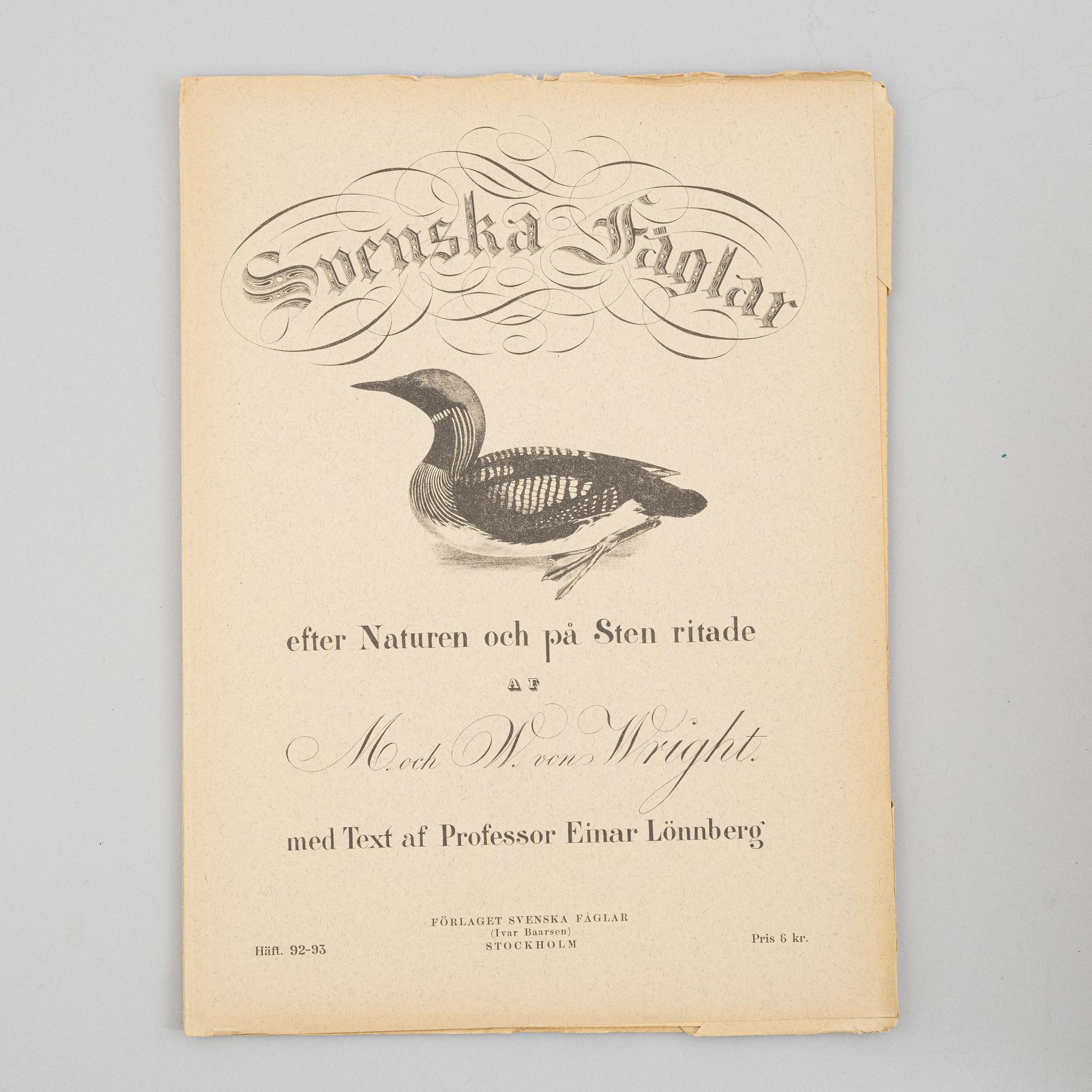 Bröderna von Wright, planschverk samt bok, "Svenska Fåglar", Ivar Baarsens förlag, Stockholm 1924-27.