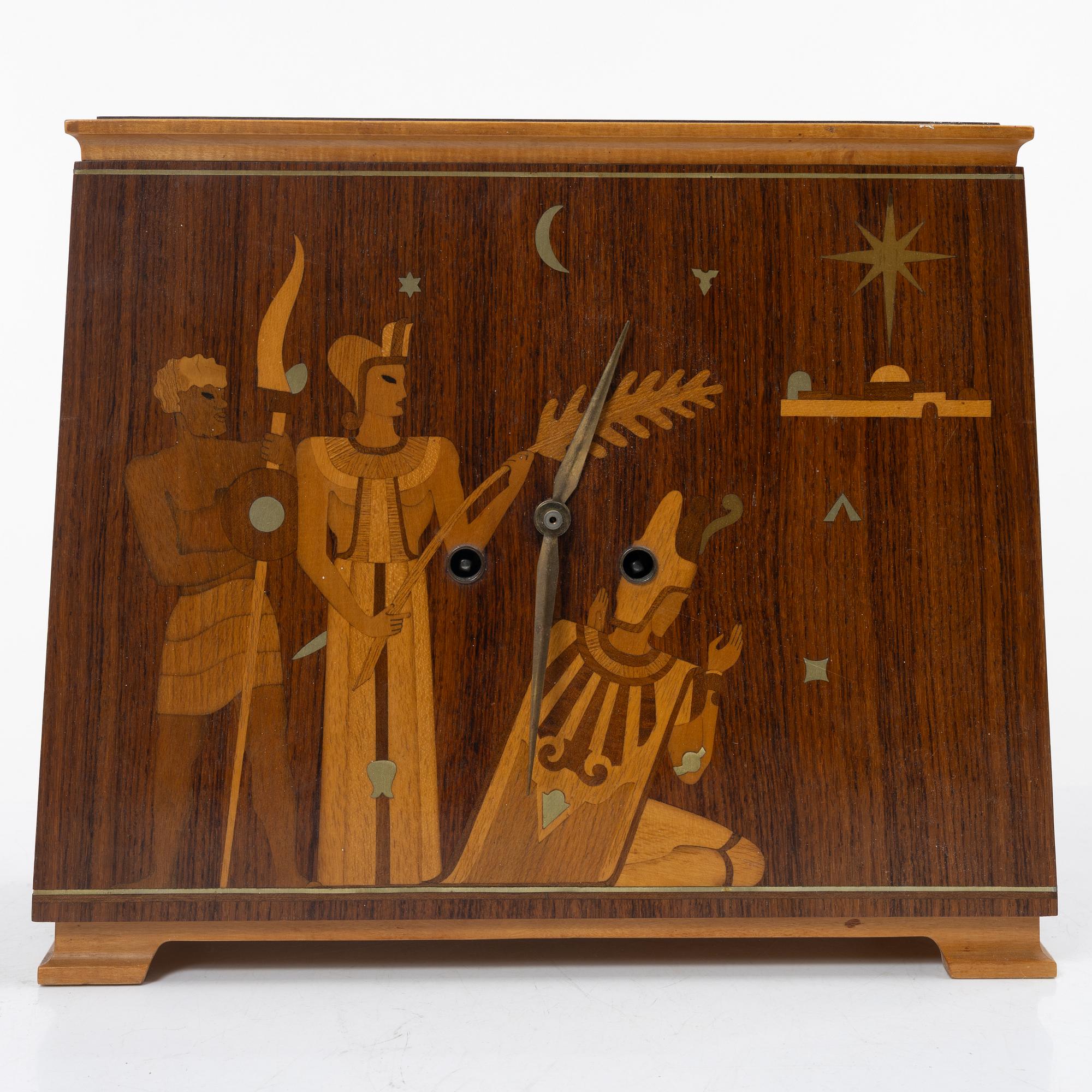 A table clock, 'The Three Wise Men', Mjölby Intarsia, 1930s.
