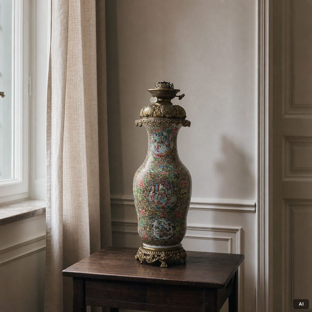 Vas, omgjord till bordslampa, porslin, Kanton, Qingdynastin, Kina, 1800-tal.