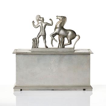 Oscar Antonsson, a "Hästbetvingaren" (Tamer of Horses) pewter box, Ystad-Metall, Sweden, 1932.