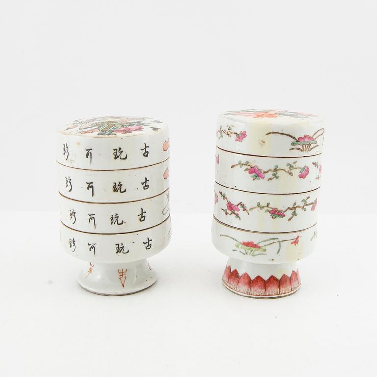 Two three tiered food containers with cover, circa 1900/early 20th Century.