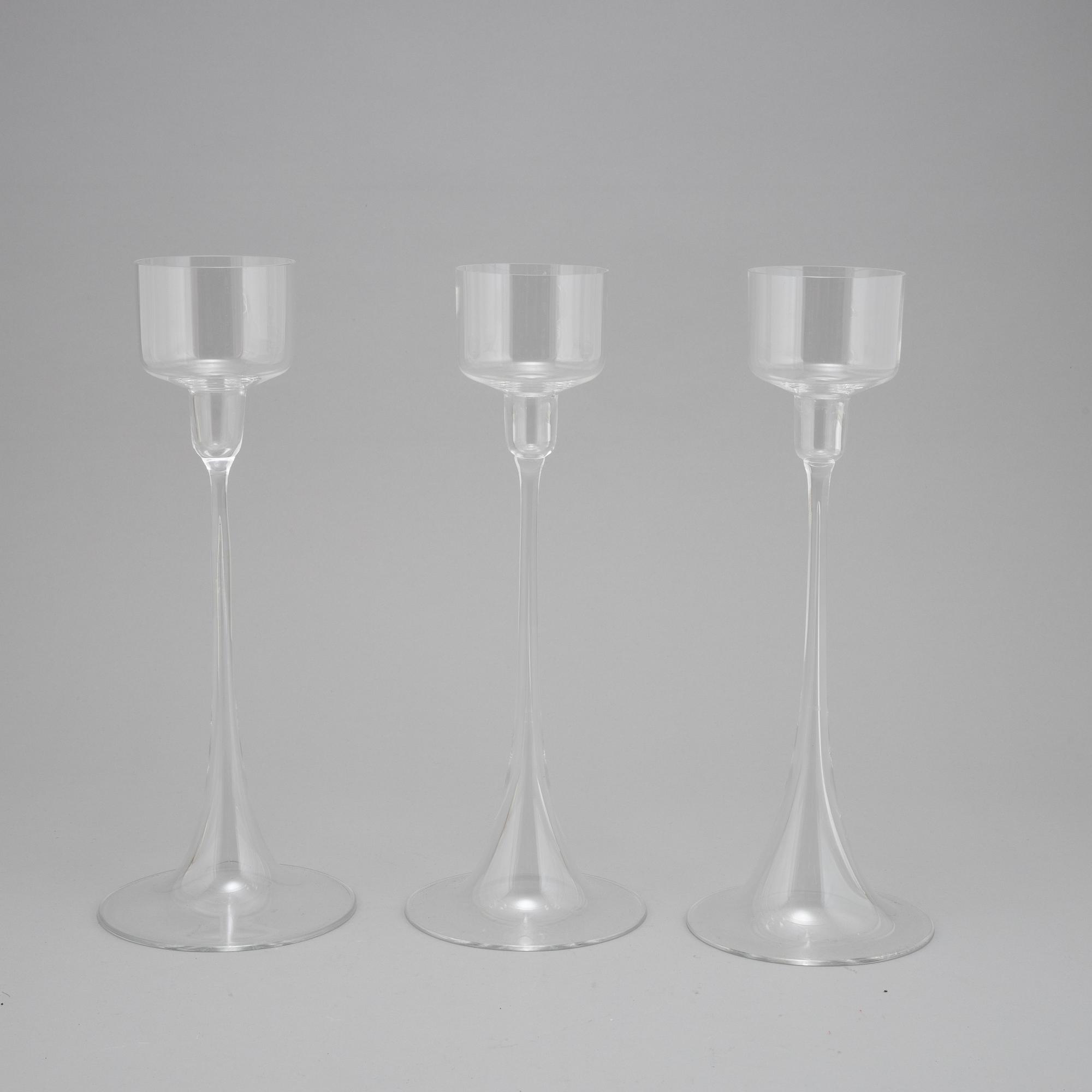 Ingeborg Lundin, a set of three glass candlesticks, Orrefors.