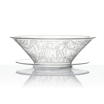 Edward Hald, an engraved glass bowl with plate, Orrefors, Sweden, 1926, model 305, engraved by Emil Goldmann.