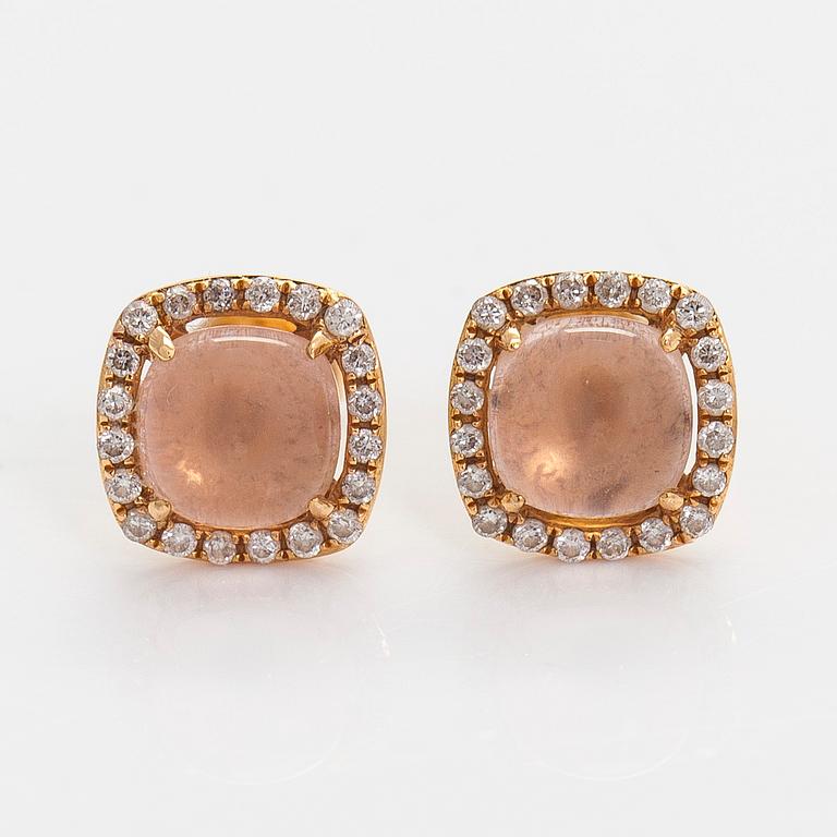 Earrings, cabochon cut rose quartz, diamonds, 18K gold, Italy.