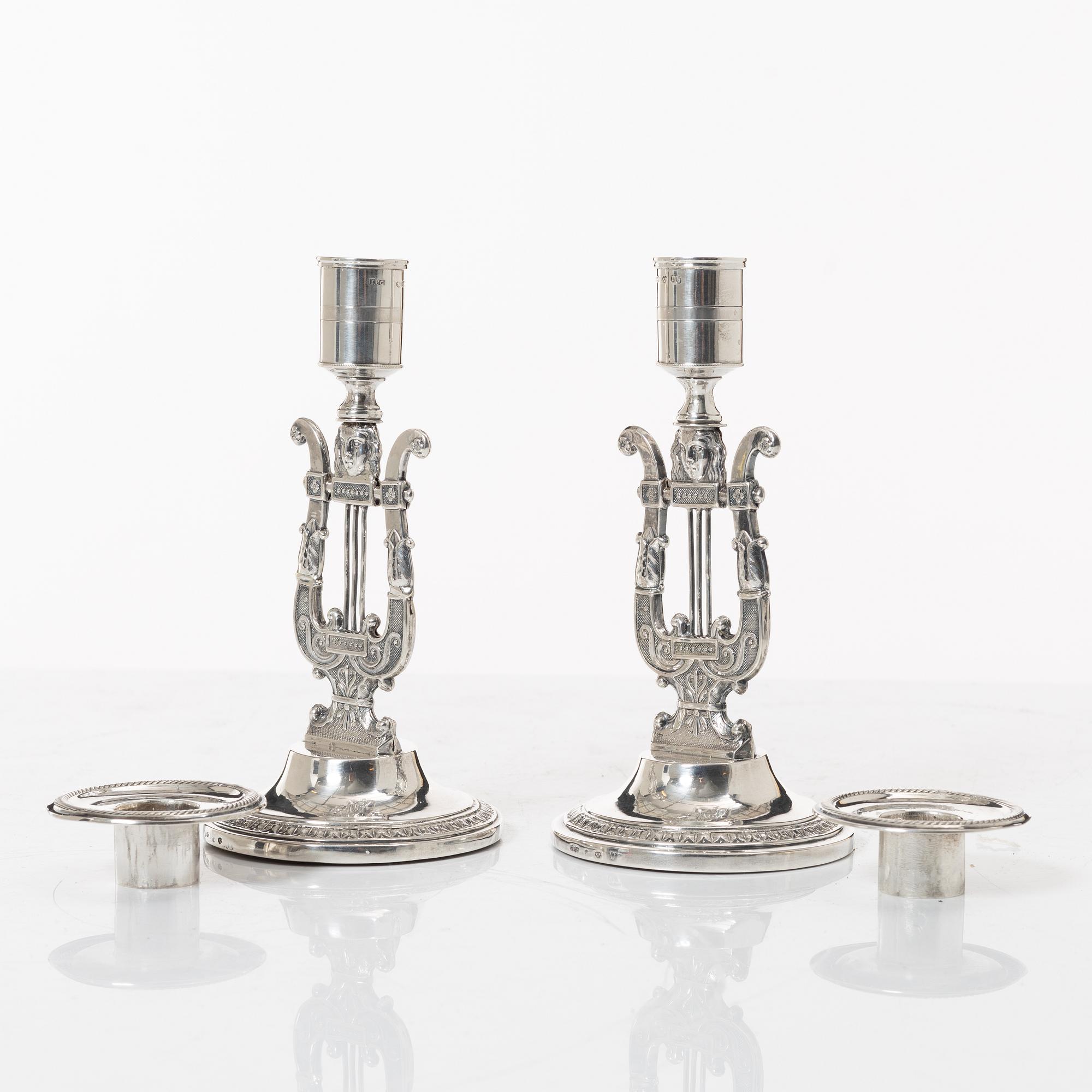 Empire, Johan Petter Grönvall, ljusstakar, ett par, silver, Stockholm 1826.
