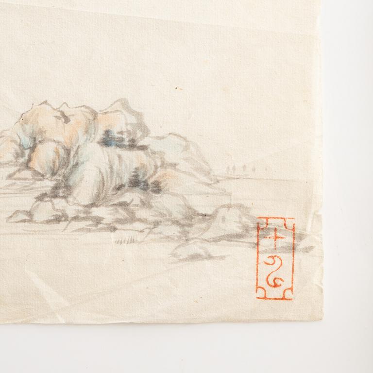 Two Chinese books with ink wash paintings, two ink drawings on paper, artists seals Hu Xihe and Na Wufu, 20th century.