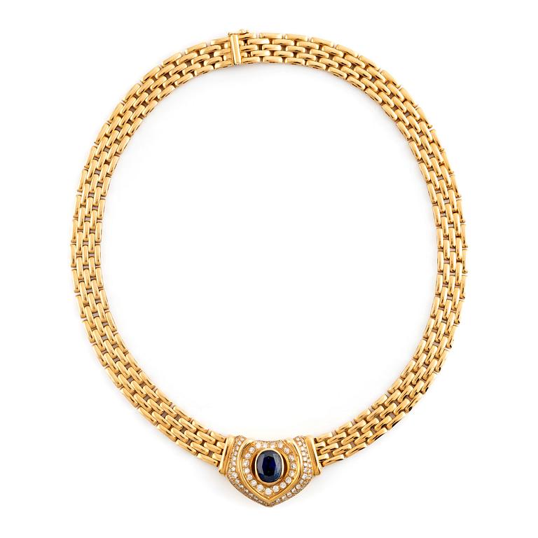 Gold, sapphire and round brilliant cut diamond necklace.