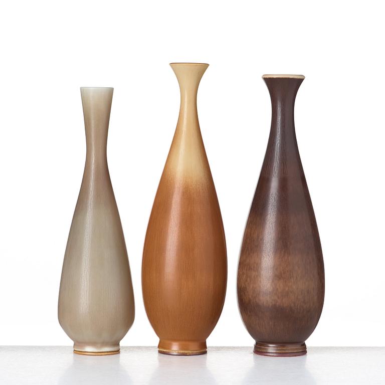 Berndt Friberg, a set of three stoneware vases, Gustavsberg studio 1957 and 1961.