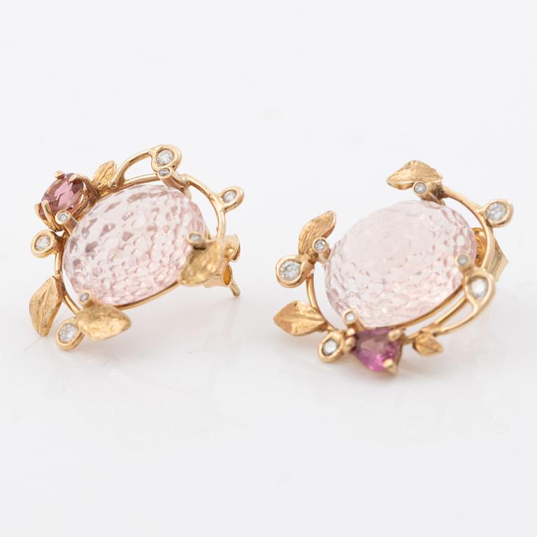 Earrings, Mandelstam, 18K gold with carved rose quartz, tourmalines and brilliant-cut diamonds.