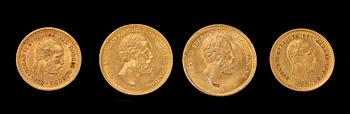 GULDMYNT, 2 st, 10kr, Oscar II samt GULDMYNT, 2 st, 5 kr, Oscar II, 21,6 k, 5 g resp 3 g.