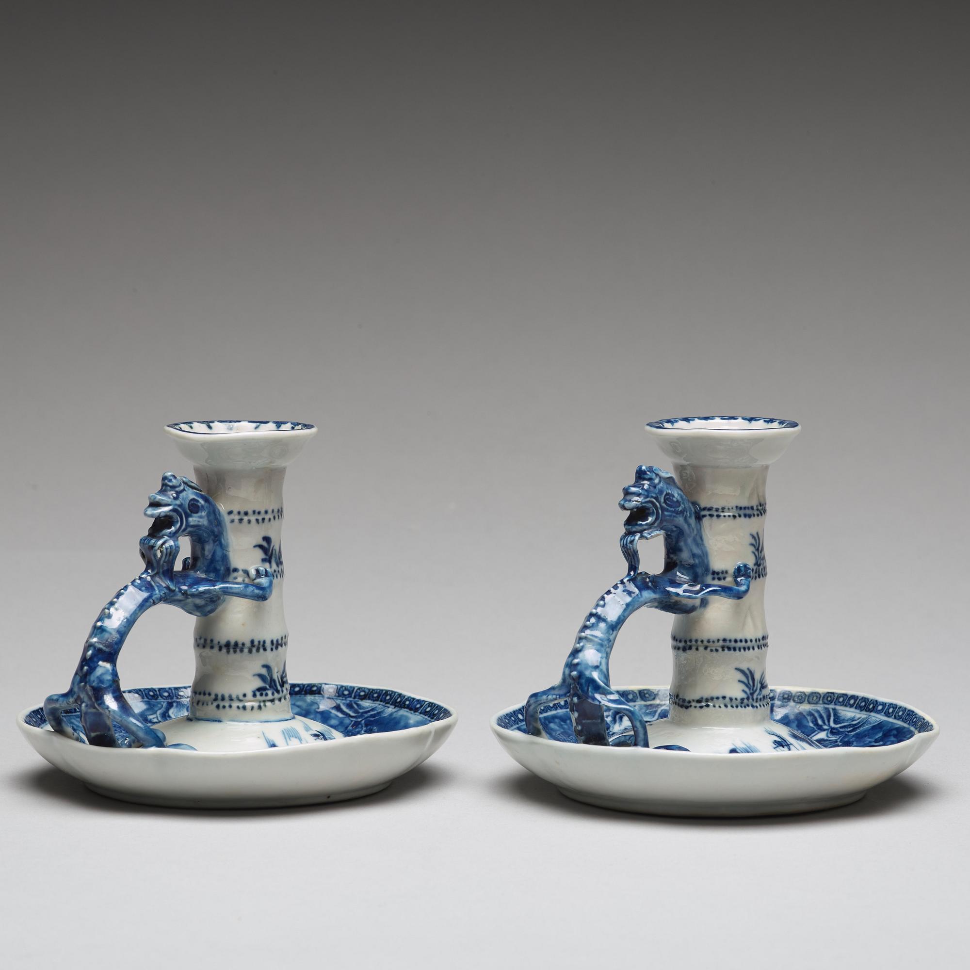 A pair of blue and white candle sticks, Qing dynasty, Qianlong (1736-95).