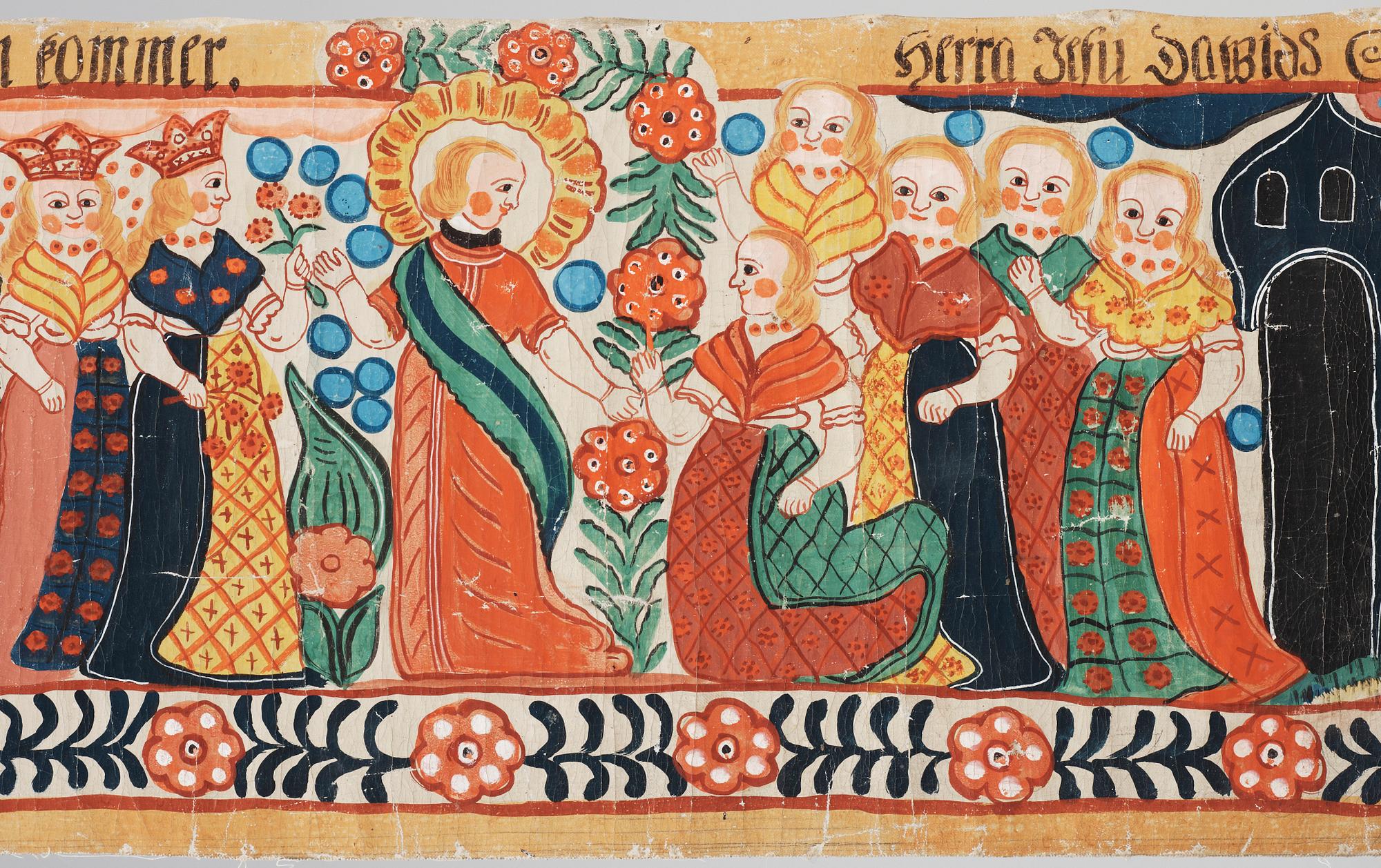 VÄGGMÅLNING, allmogestil, Bernhard Jönsson, 1900-tal. Monogramsign.