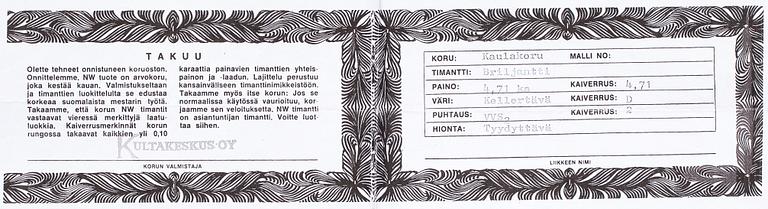 Riipus, 18K kultaa, vanhahiottu timantti n. 4.71 ct. Kultakeskus, Hämeenlinna 1973.