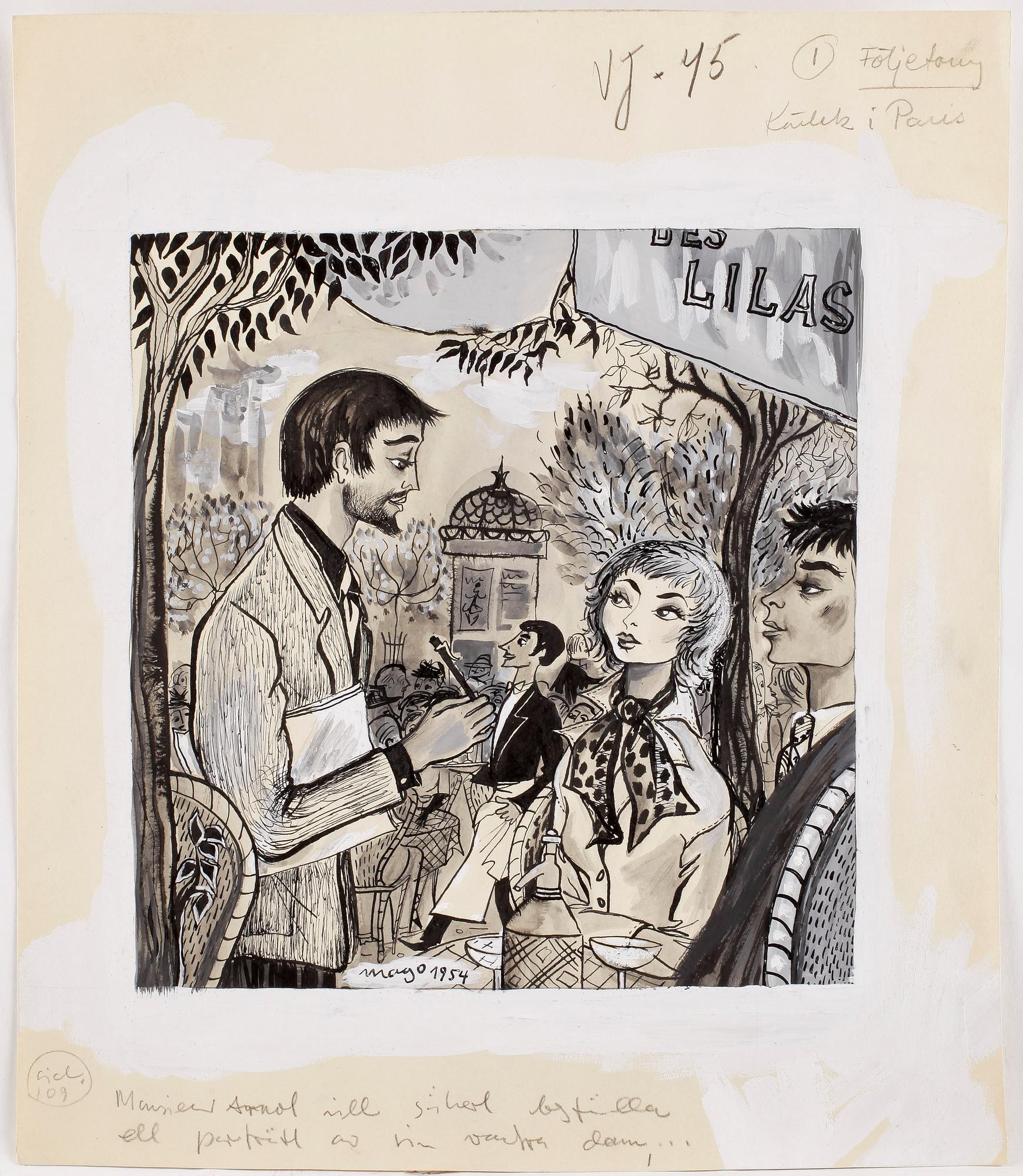 MAX GOLDSTEIN (MAGO), ca 35 st, dräktskisser, teckningar, blyertsskisser, vissa daterade o signerade, Mago 1953.