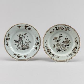 A grisaille dish and two plates, Qing dynasty, Qianlong (1736-95).