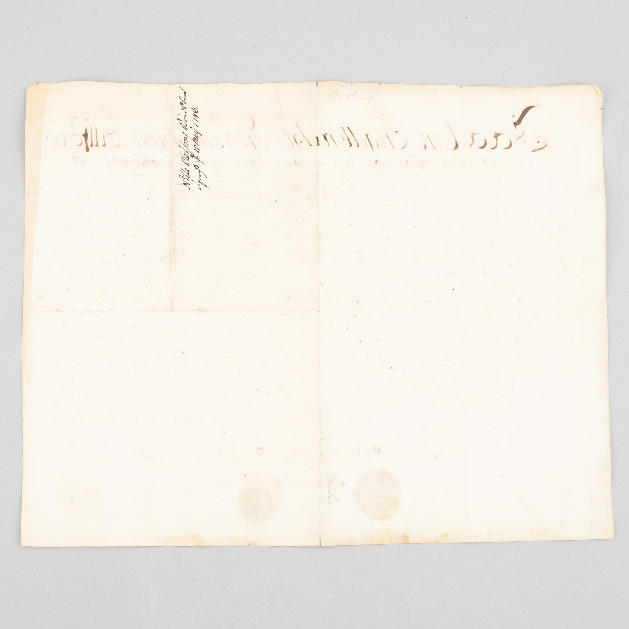 Handskrift (1748) med två fina vaxsigill.