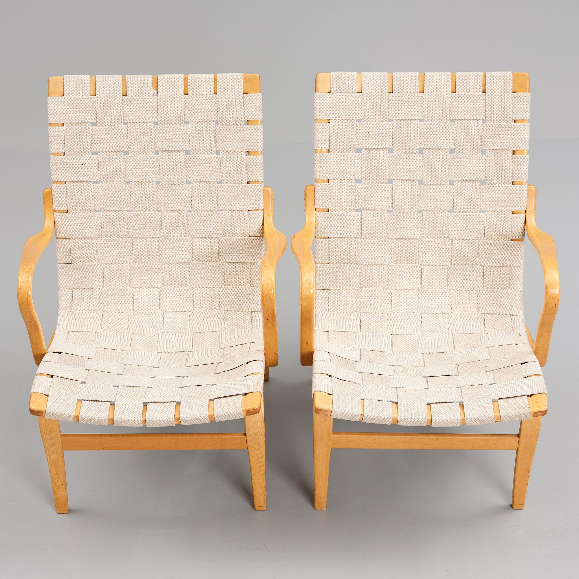 Bruno Mathsson, a pair of bent beech wood and textile girths 'Eva' lounge chairs, Firma Karl Mathsson, Sweden 1967.