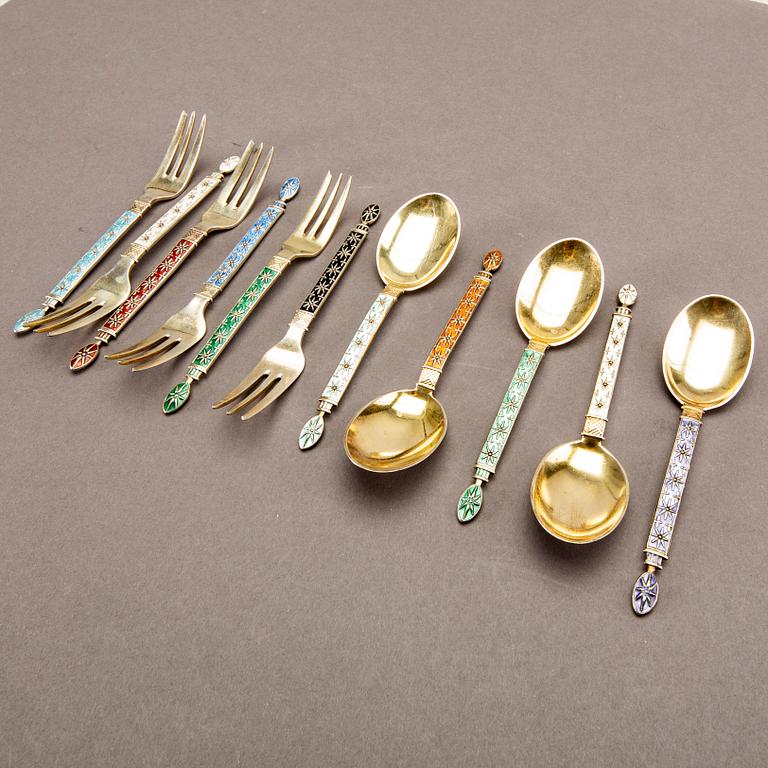 A Norwegian 20th century set of 22 pcs of silver and enamel cutlery mark of Tostrup total weight approx 442 gr.