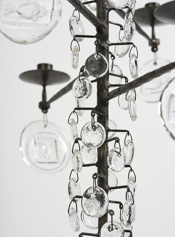 Erik Höglund, a wrought iron and glass chandelier, Boda Smide.