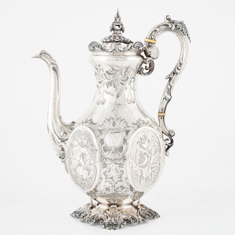Coffee pot, silver, Gustaf Möllenborg Féron, Stockholm, 1865.