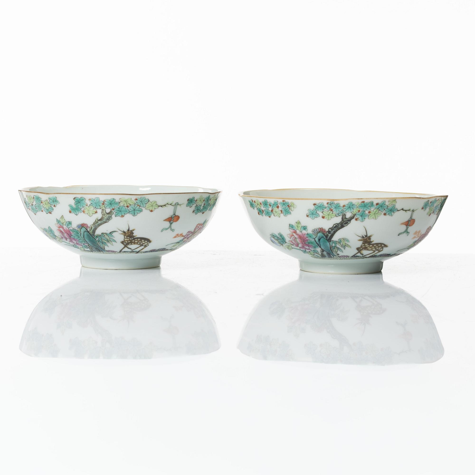 Skålar, sex stycken samt fat, sex stycken, porslin, Kina, sen Qingdynasti / 1900-tal.