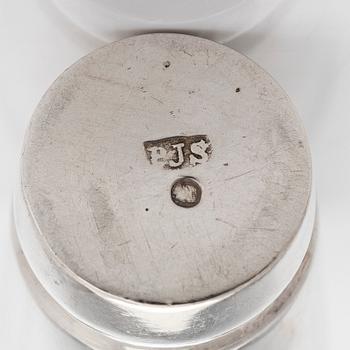 Five silver beakers, maker's mark of  P.J. Silventoinen, and a box, cup and letter opener, Russia, France and Finland.