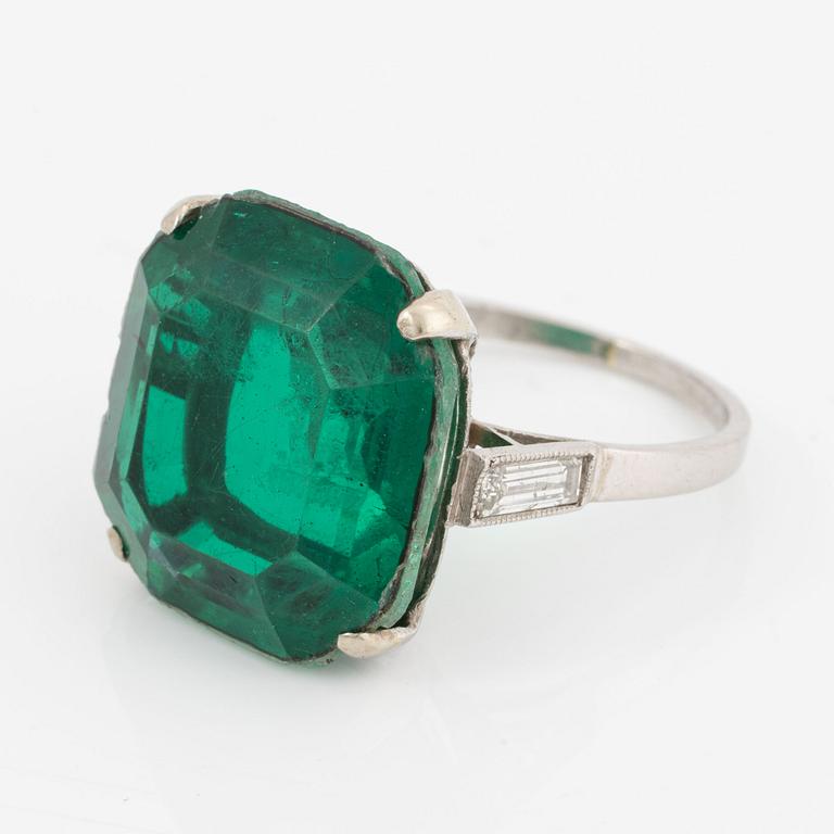 Ring, cocktail ring, platinum with synthetic emerald and baguette-cut diamonds, probably circa 1960s.