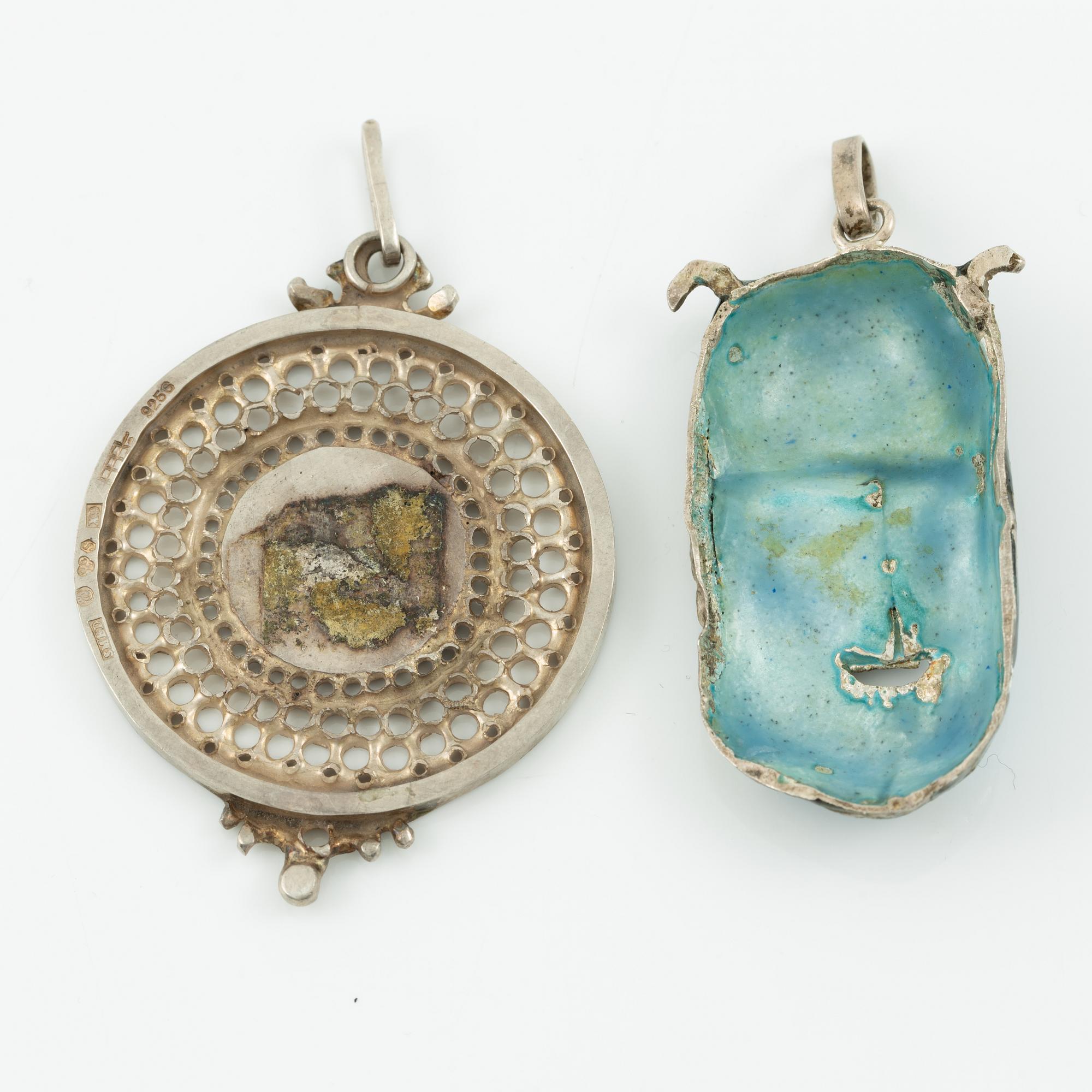 Lars Arrhenius, three pendants and a pair of earrings, sterling silver and enamel, Gothenburg, among others, 1969 and 1972.