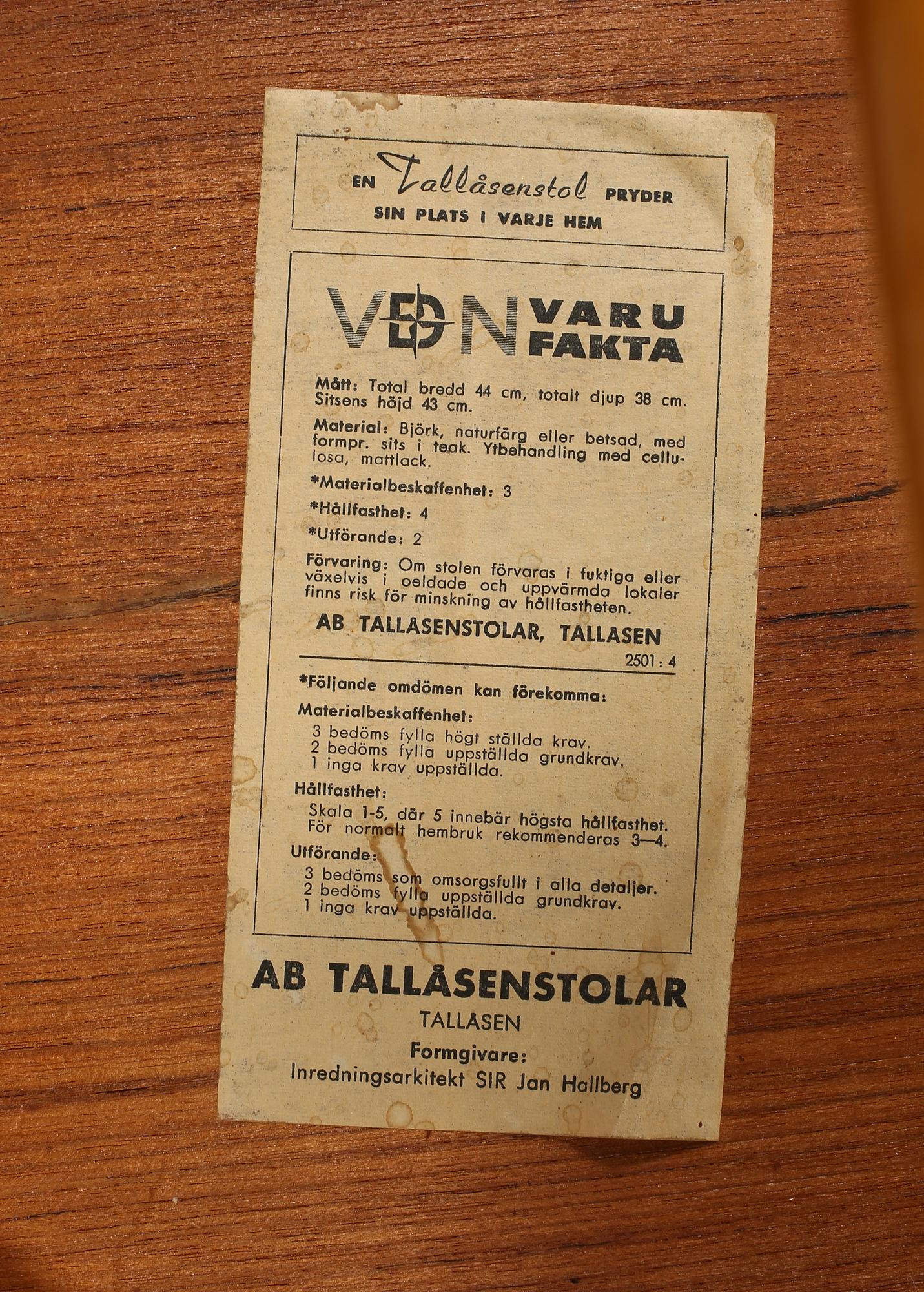 STOLAR, 6 st, Jan Hallberg, AB Tallåsen, 1900-talets andra hälft.