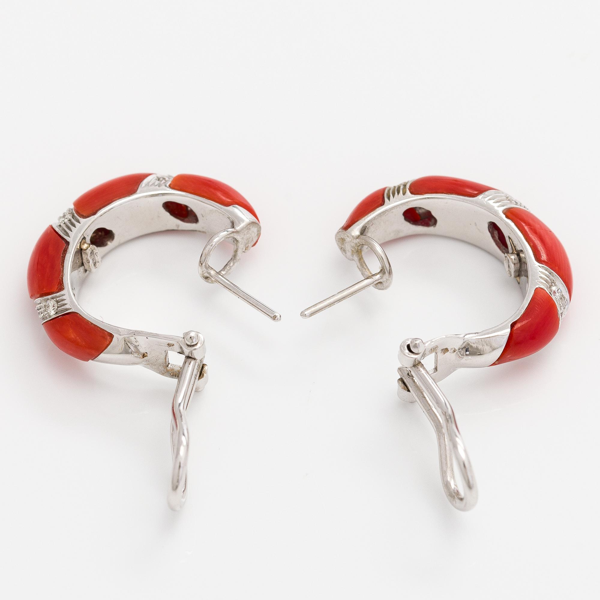 Earrings, coral, 18K white gold, brilliant-cut diamonds, Italy.