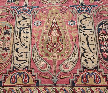 A CARPET, an antique Kerman Laver, ca 363 x 301 cm.