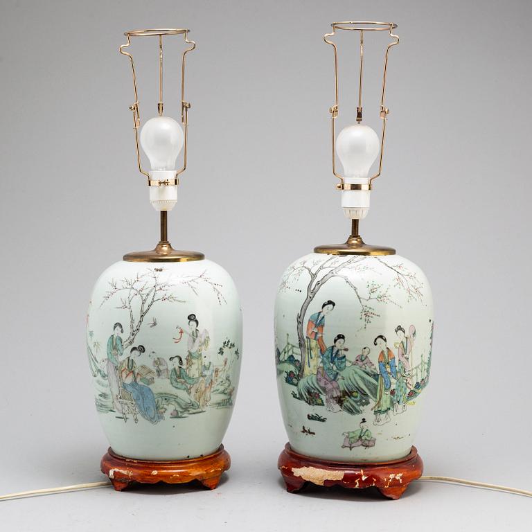 Two Chinese famille rose jars/table lamps, 20th century.