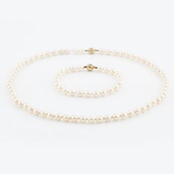 Collier & armband, odlade pärlor med lås 18K guld och små diamanter.