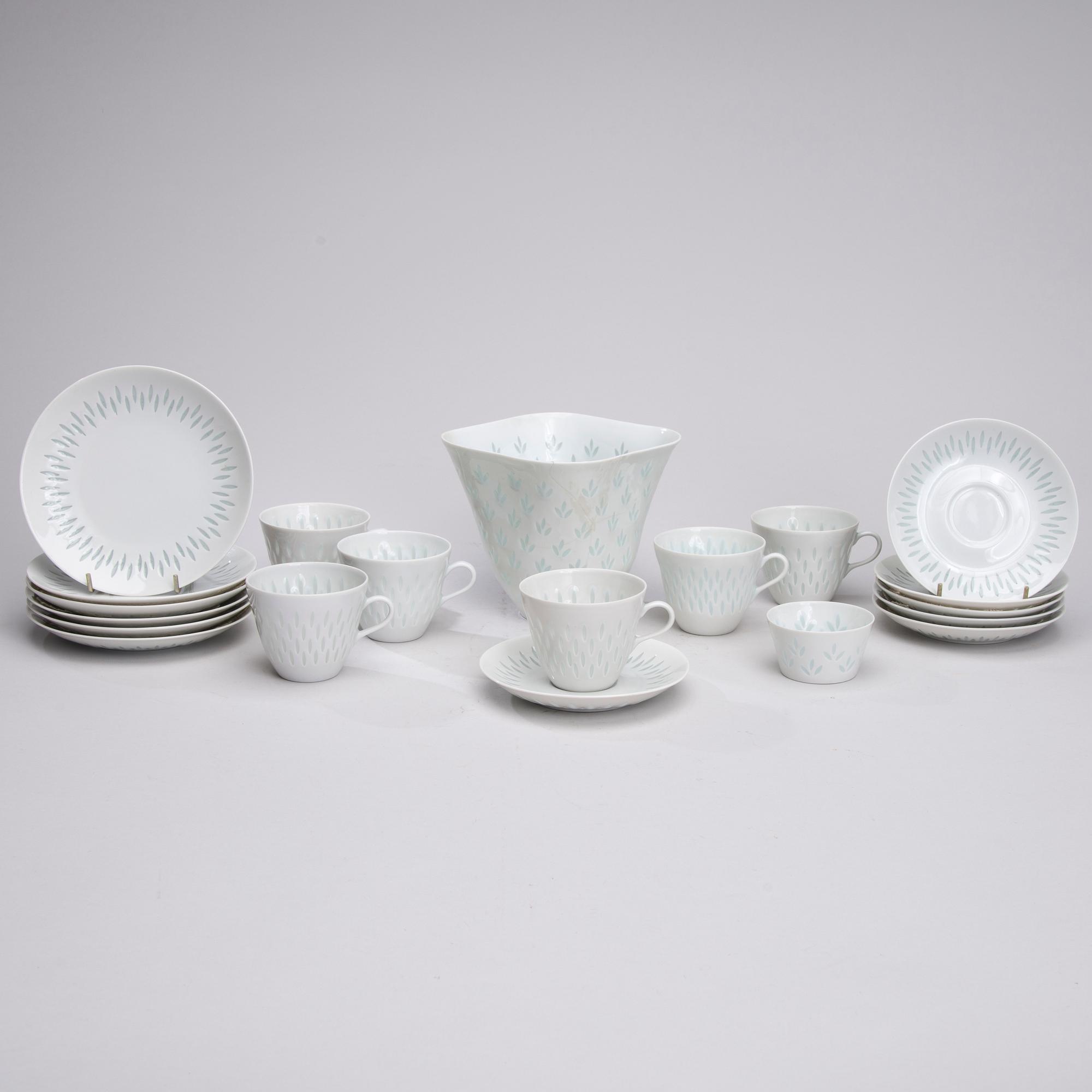 KAFFESERVIS, 14 delar, risporslin, Friedl Holzer-Kjellberg, signerade Arabia FHKj, 1900-talets mitt.