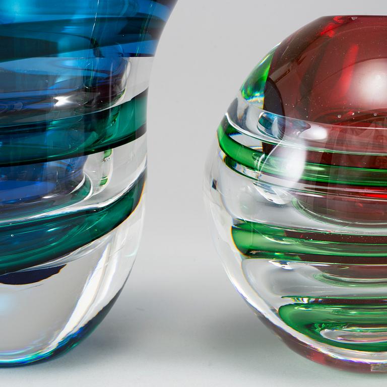 LARS HELLSTEN, two glass vases, Orrefors, Sweden.