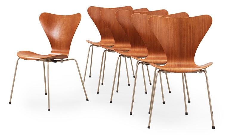 ARNE JACOBSEN, stolar, 6 st, "Sjuan", Fritz Hansen, Danmark 1950-tal.