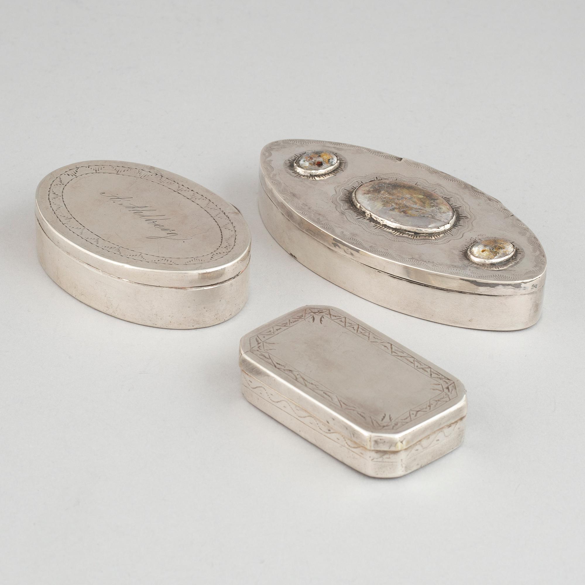 Three Swedish silver snuff boxes, 19th century.