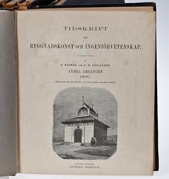 BOKVERK, 9 vol, "Tidskrift för Byggnadskonst och Ingeniörsvetenskap" av G. Nerman & EV Langlet. 1859-1869.