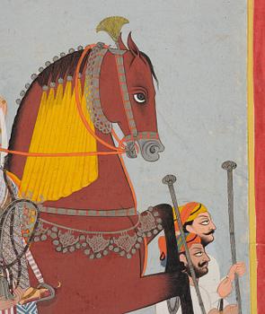An equestrian portrait of a Rajput ruler with attendants, gouache, North India, Rajasthan, 19th century.