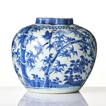 A blue and white melon shaped 'three friends of winter' jar, Ming dynasty, Wanli (1572-1620).