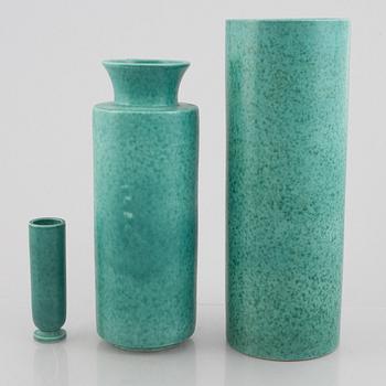 Wilhelm Kåge, three stoneware vases and a box with cover, Gustavsberg.