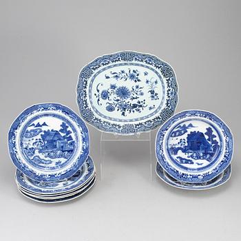 Nine blue and white export porcealin service dishes, Qing dynasty, Qianlong (1736-95).